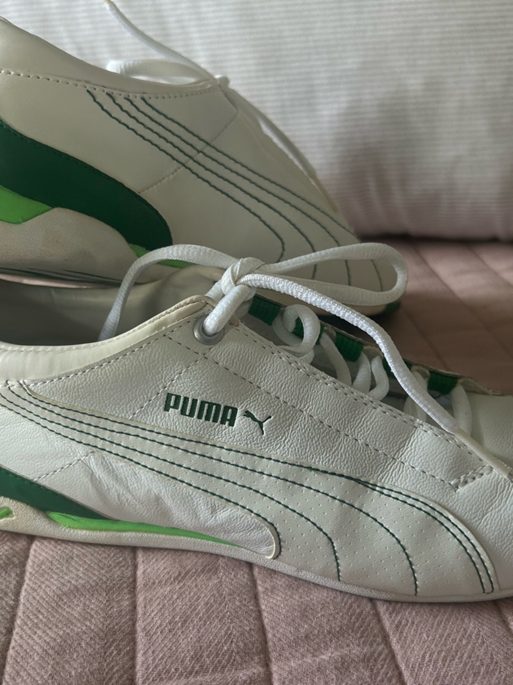 Puma White and Green Retro Low-Top Sneakers